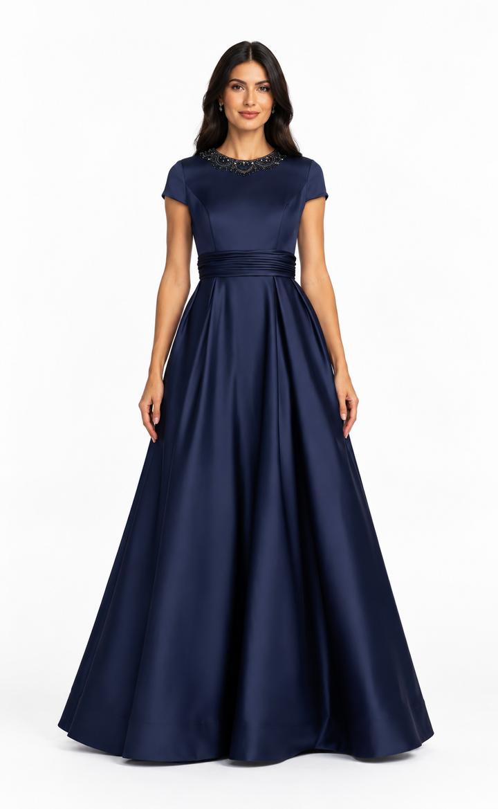 Embellished Neck Satin Maxi Dress - Elara