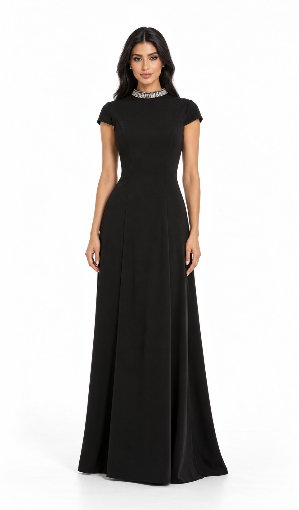 Crystal Neckline A-Line Maxi Dress - Celeste