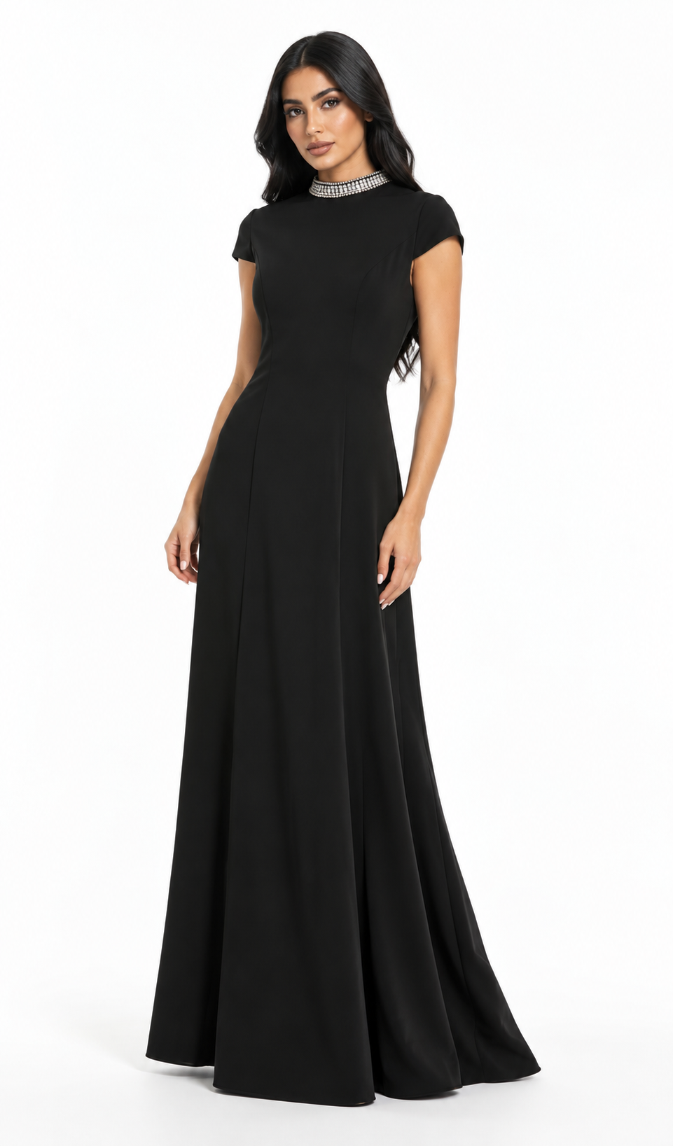 Crystal Neckline A-Line Maxi Dress - Celeste