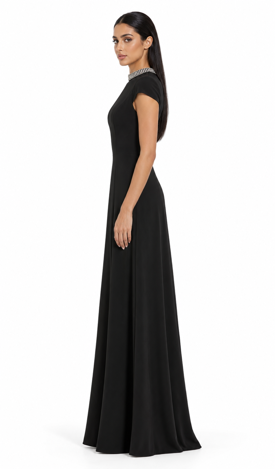 Crystal Neckline A-Line Maxi Dress - Celeste