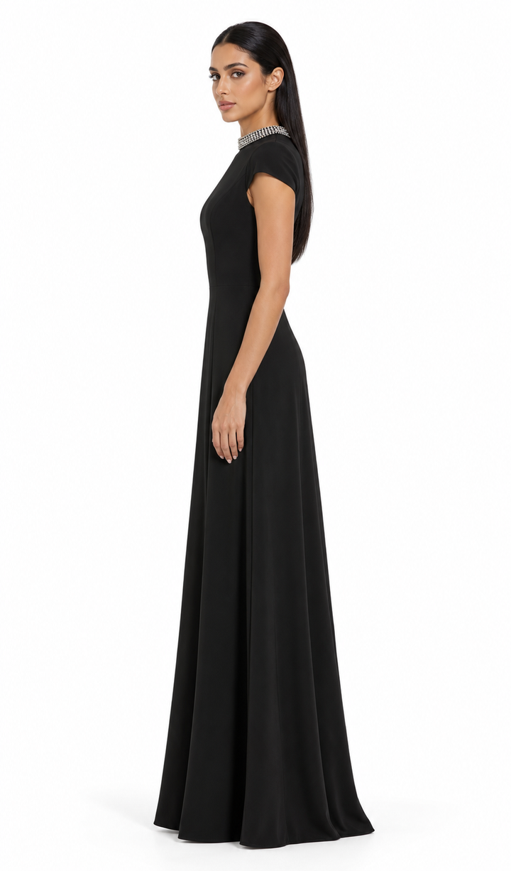 Crystal Neckline A-Line Maxi Dress - Celeste