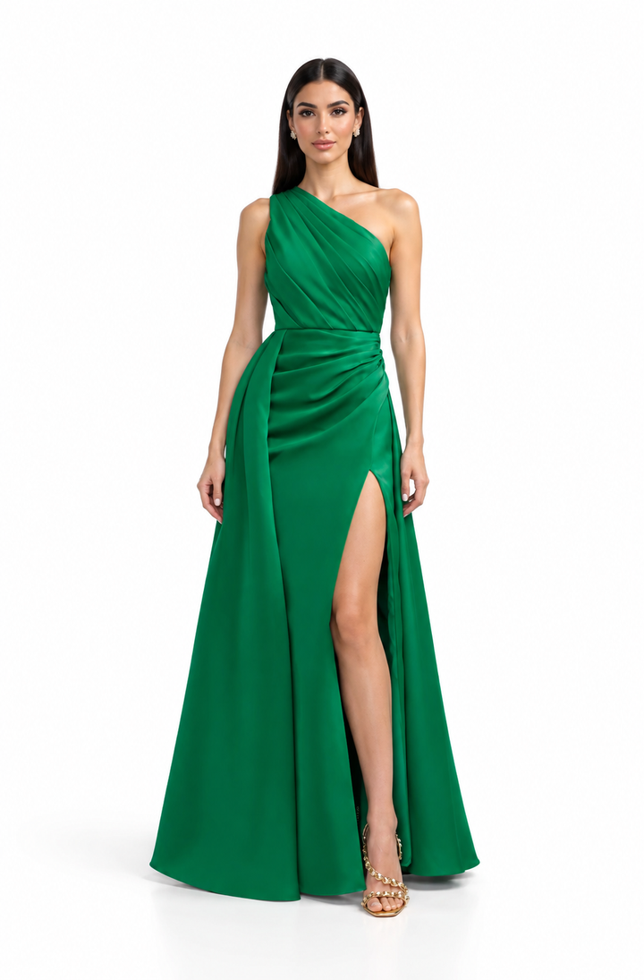 One-Shoulder Draped Satin Maxi Dress - Emerald
