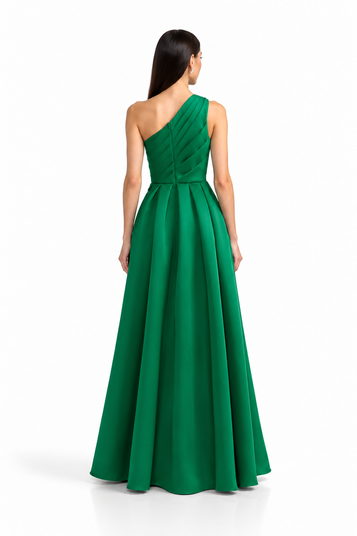 One-Shoulder Draped Satin Maxi Dress - Emerald