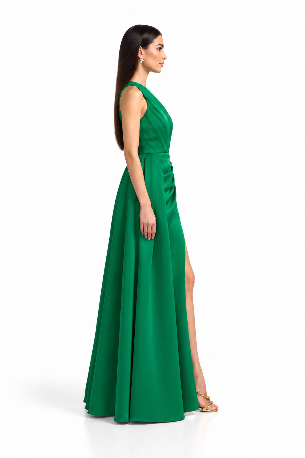 One-Shoulder Draped Satin Maxi Dress - Emerald