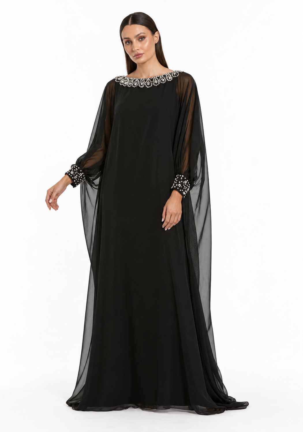 Crystal Embellished Chiffon Cape Maxi Dress - Elowen