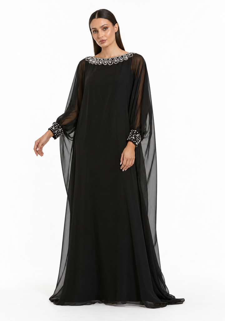 Crystal Embellished Chiffon Cape Maxi Dress - Elowen