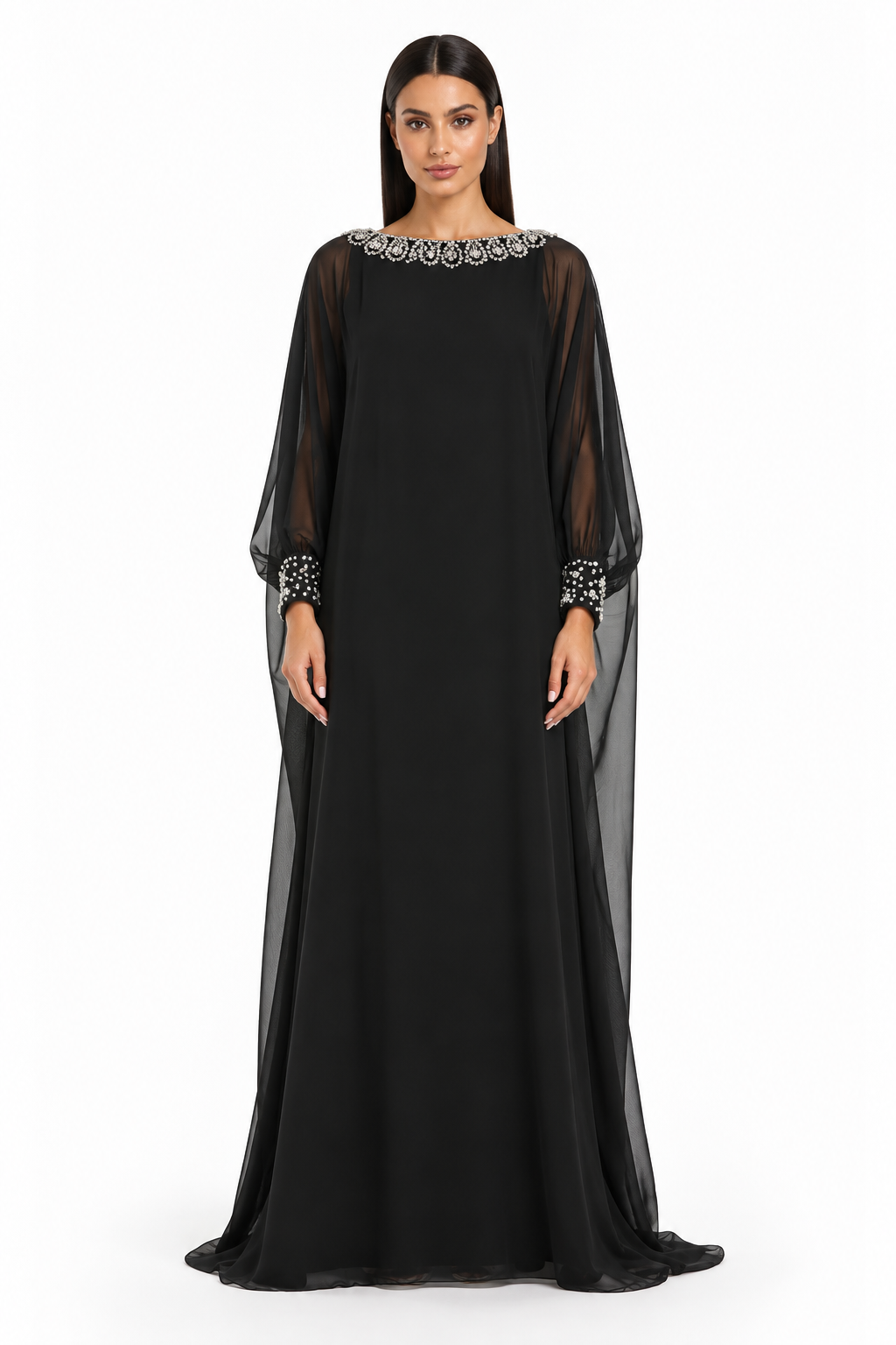 Crystal Embellished Chiffon Cape Maxi Dress - Elowen