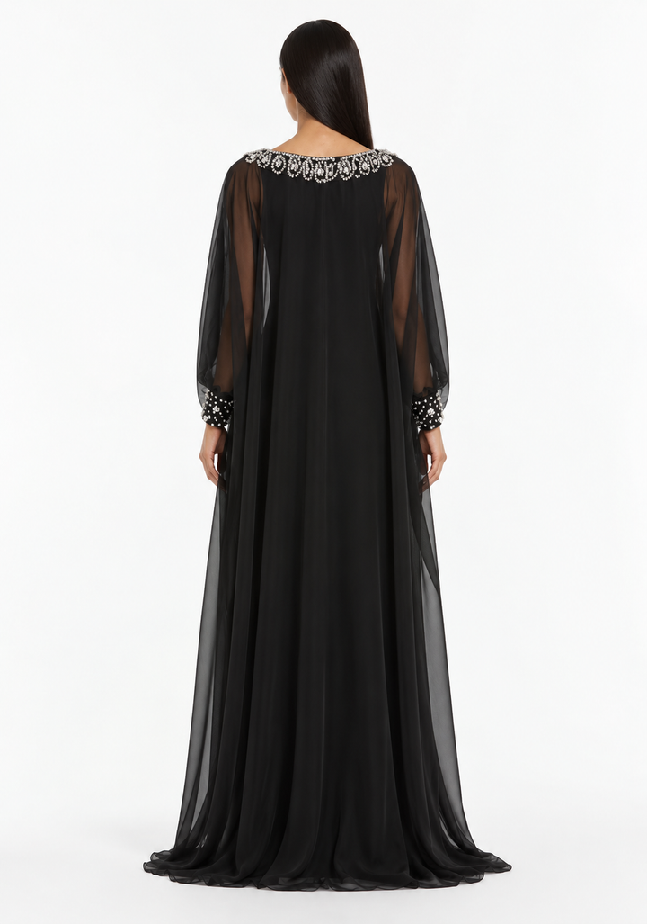Crystal Embellished Chiffon Cape Maxi Dress - Elowen