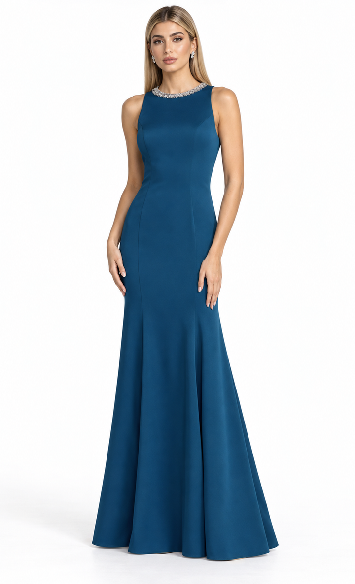 Crystal Neck Mermaid Gown - Teal