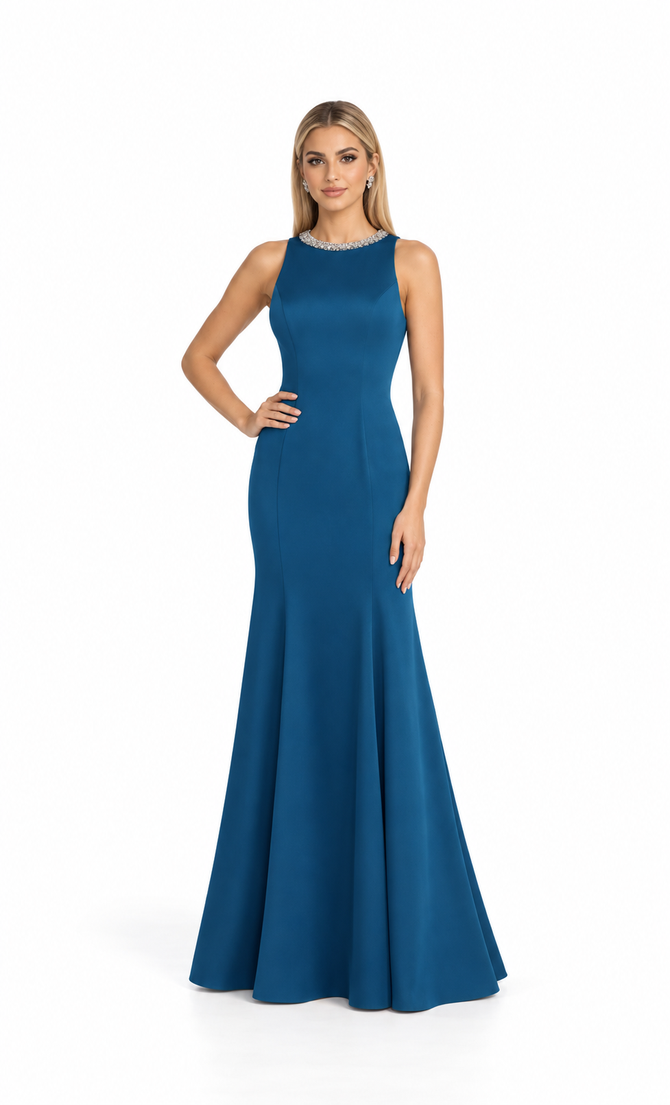Crystal Neck Mermaid Gown - Teal