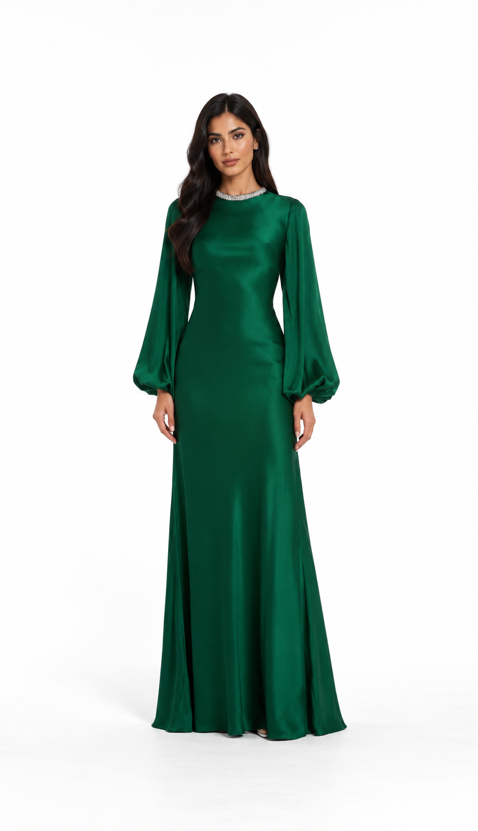 Crystal Neck Satin Gown - Emerald
