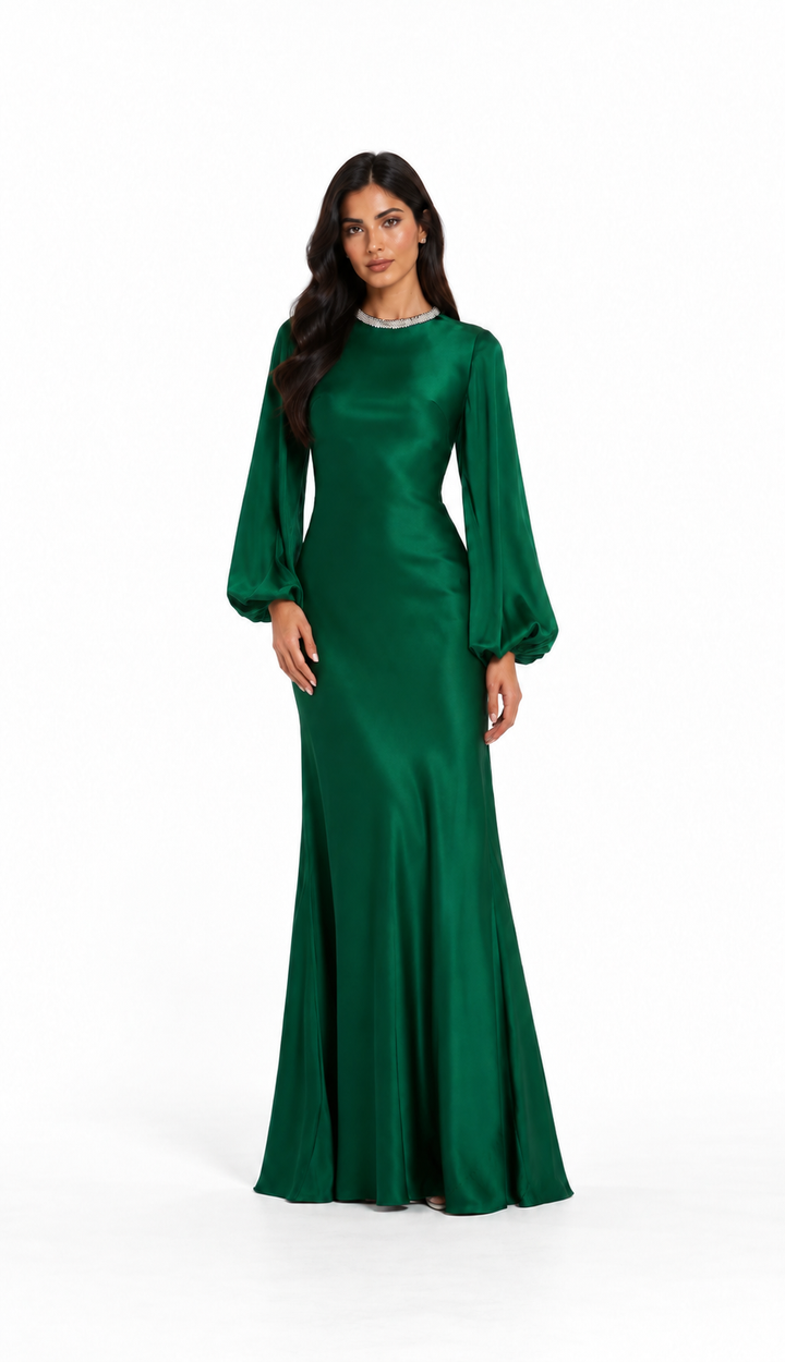 Crystal Neck Satin Gown - Emerald