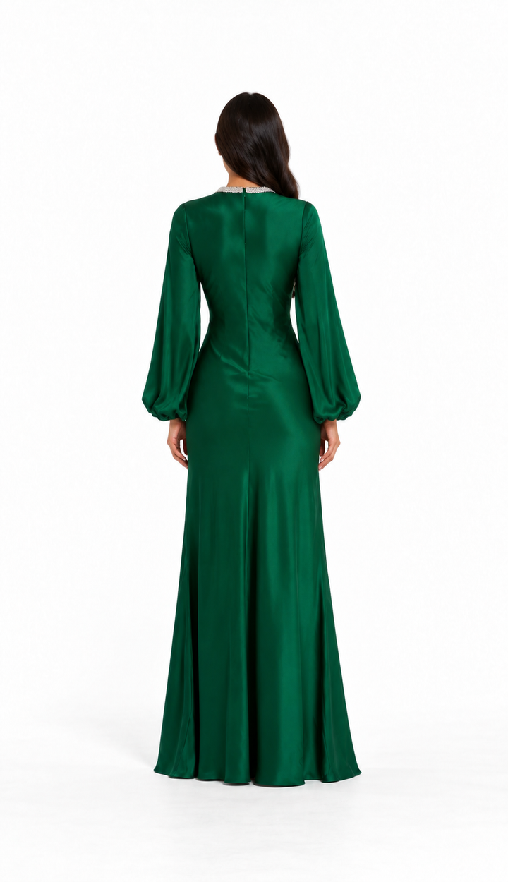 Crystal Neck Satin Gown - Emerald