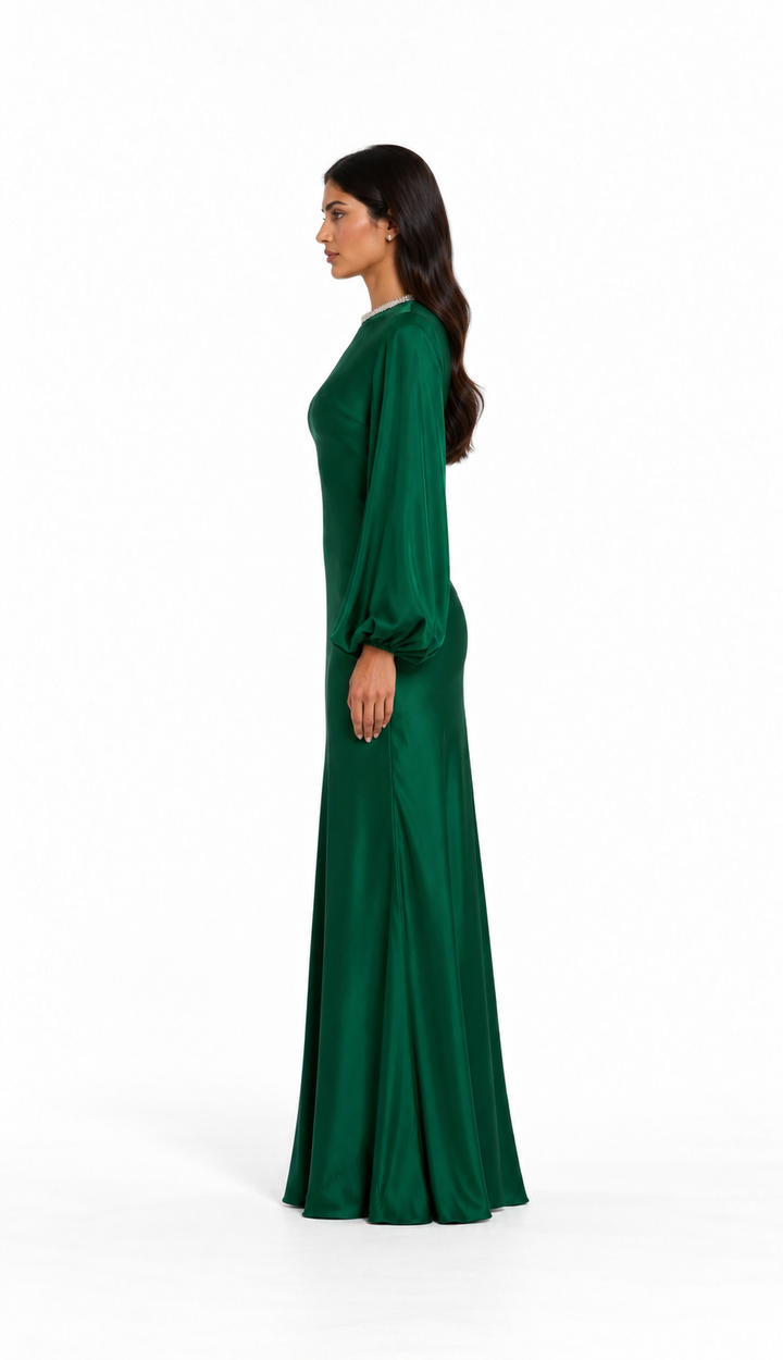 Crystal Neck Satin Gown - Emerald