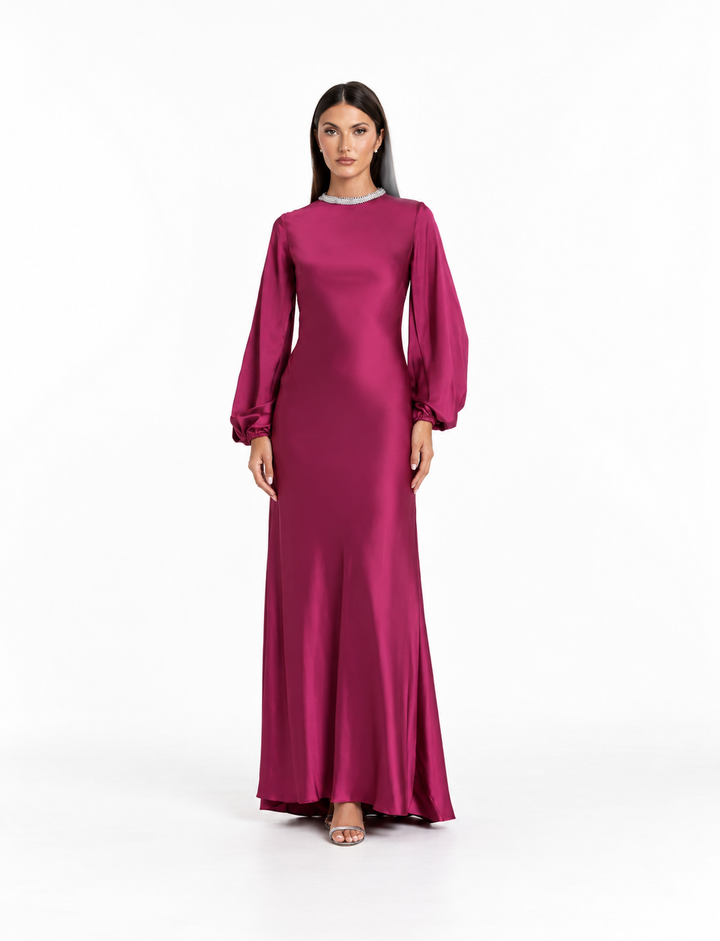 Crystal Neck Satin Gown - Magenta