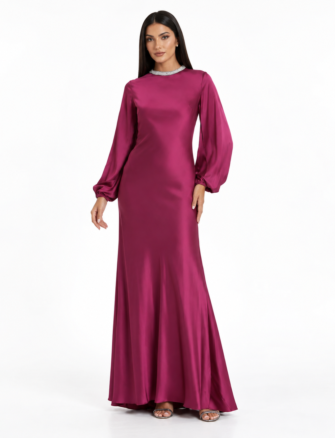 Crystal Neck Satin Gown - Magenta