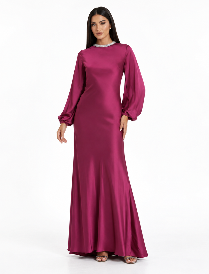 Crystal Neck Satin Gown - Magenta
