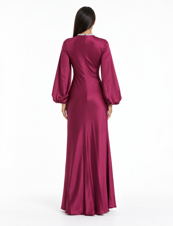 Crystal Neck Satin Gown - Magenta