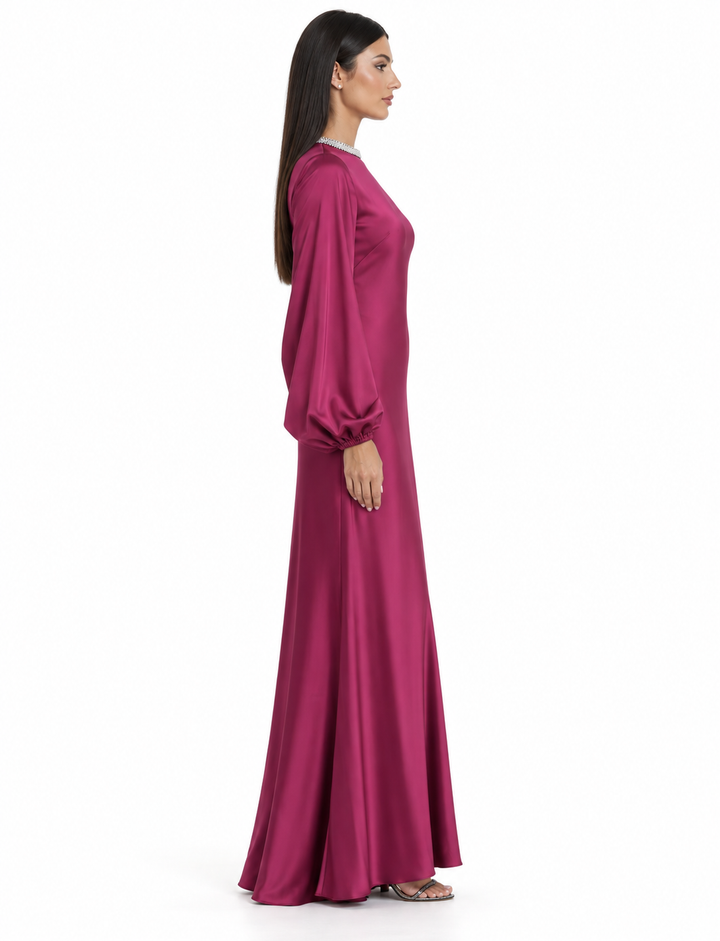 Crystal Neck Satin Gown - Magenta