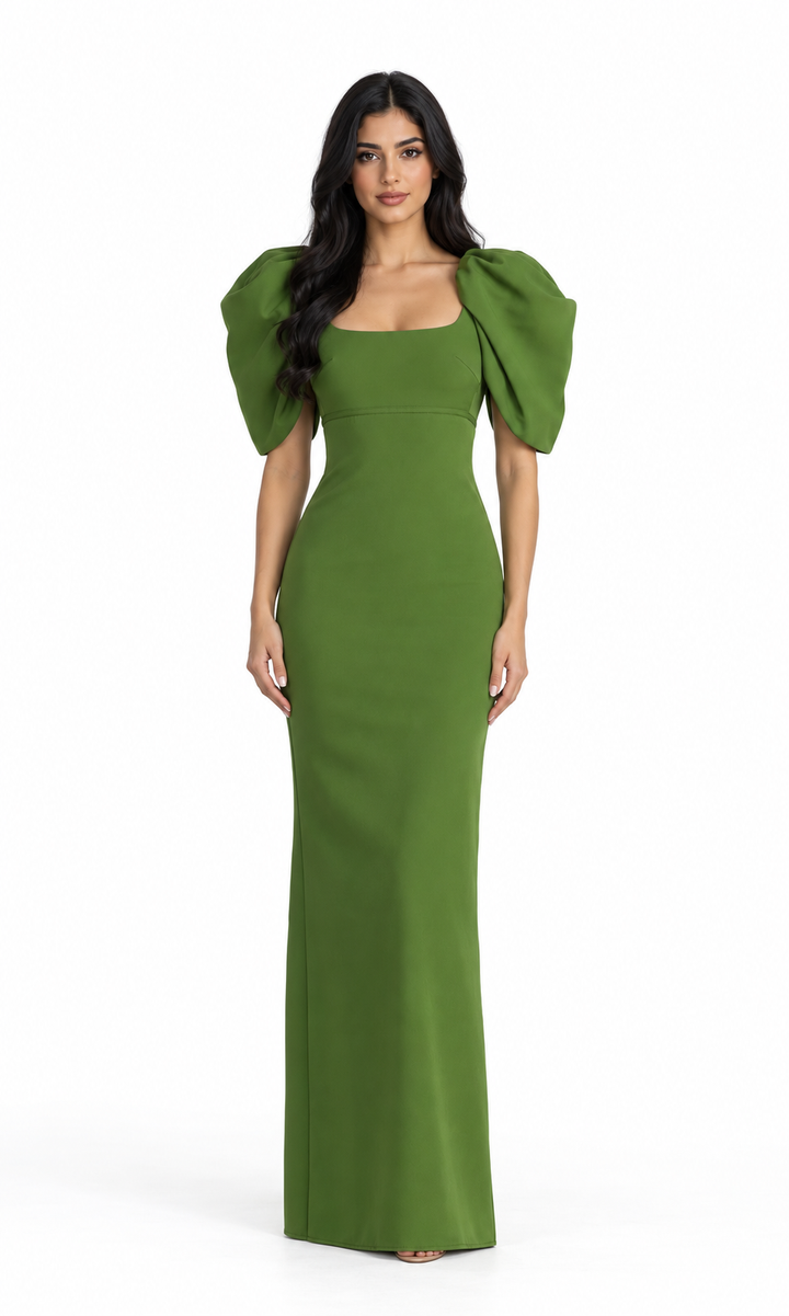 Sculptural Puff Sleeve Gown - Olive