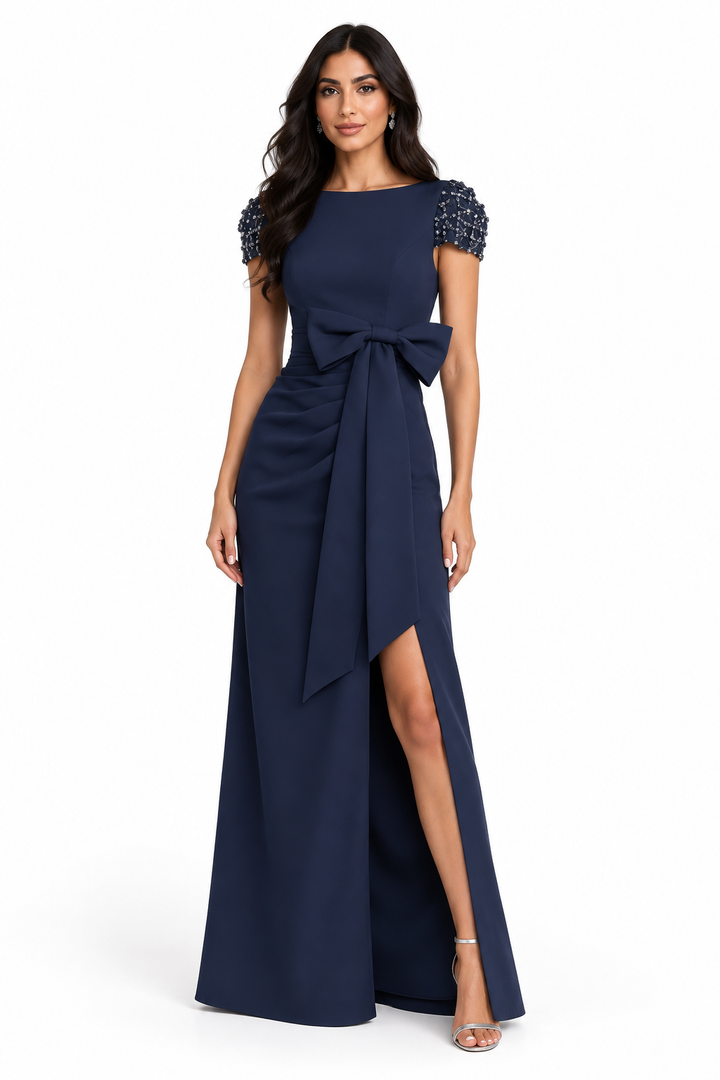 Embellished Sleeve Bow Gown - Celeste