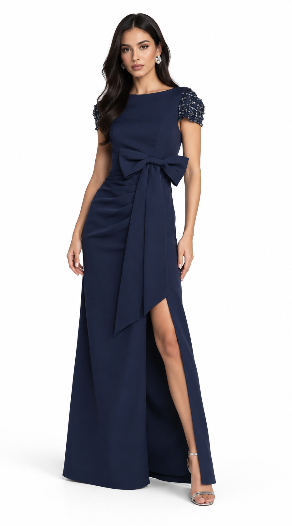 Embellished Sleeve Bow Gown - Celeste