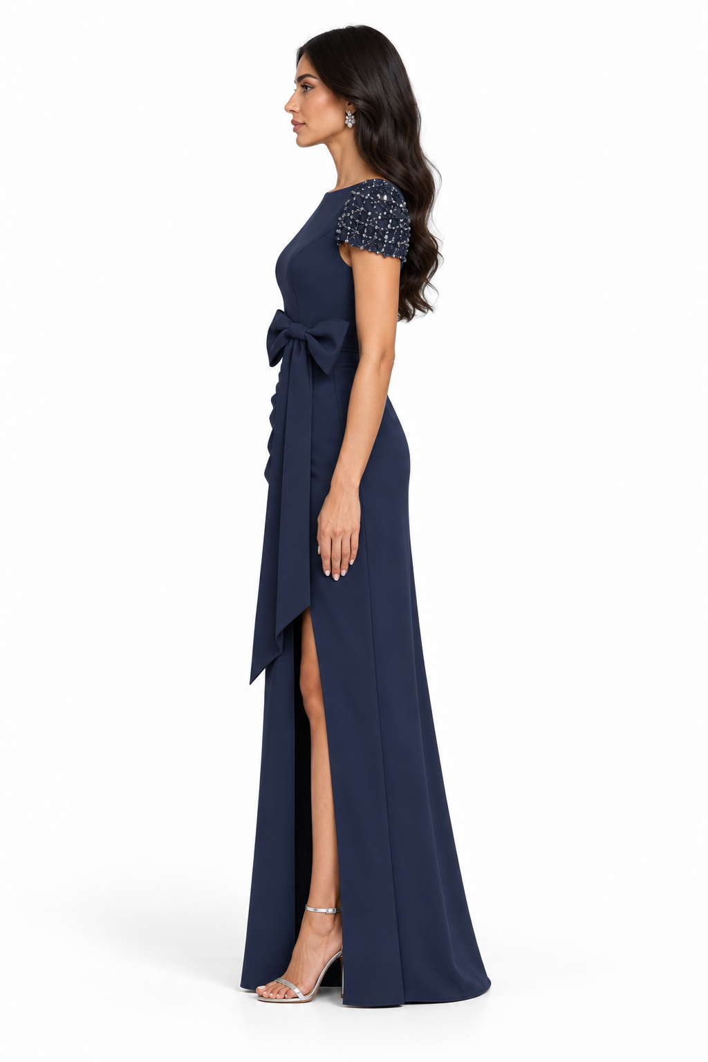 Embellished Sleeve Bow Gown - Celeste