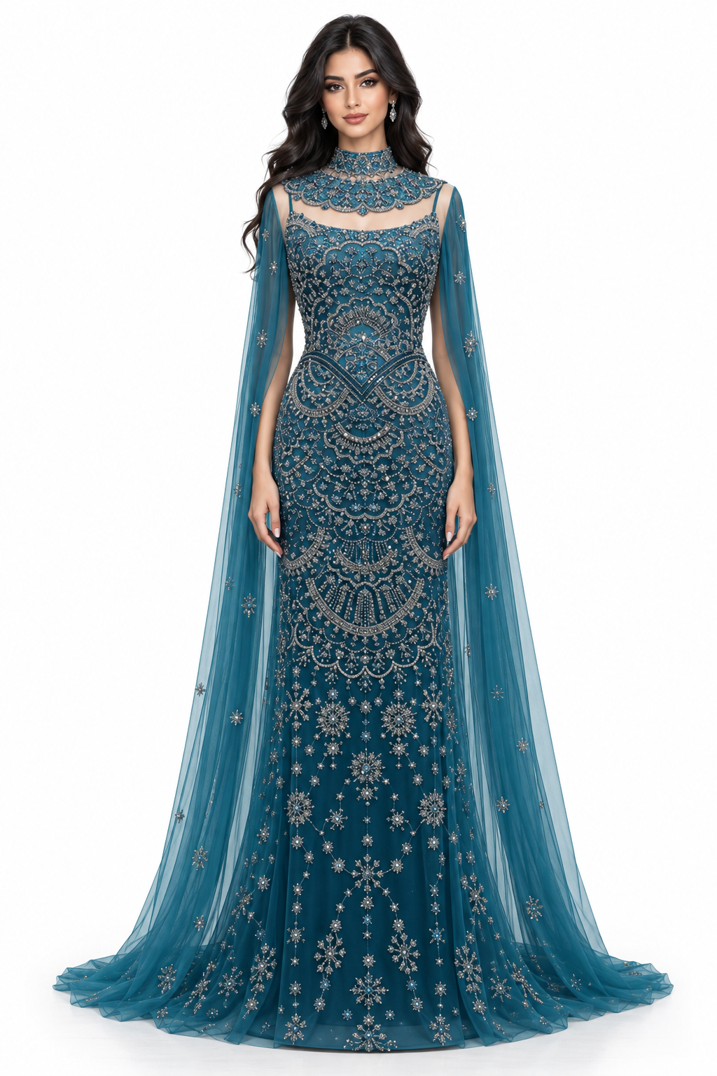 Embellished Cape Mermaid Gown - Teal