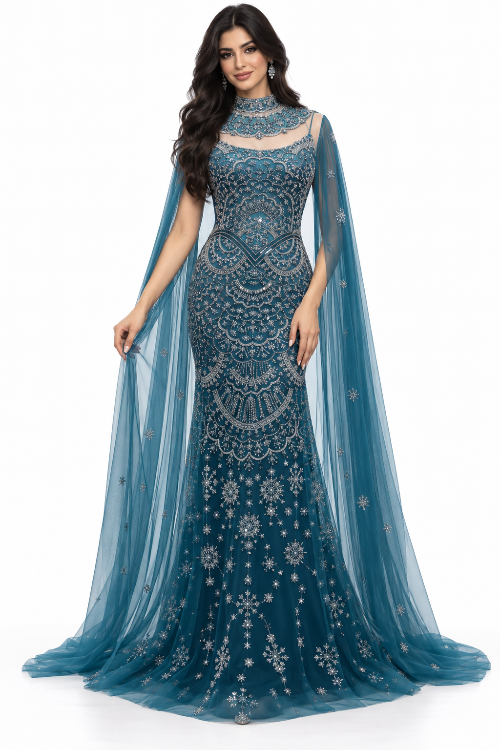 Embellished Cape Mermaid Gown - Teal