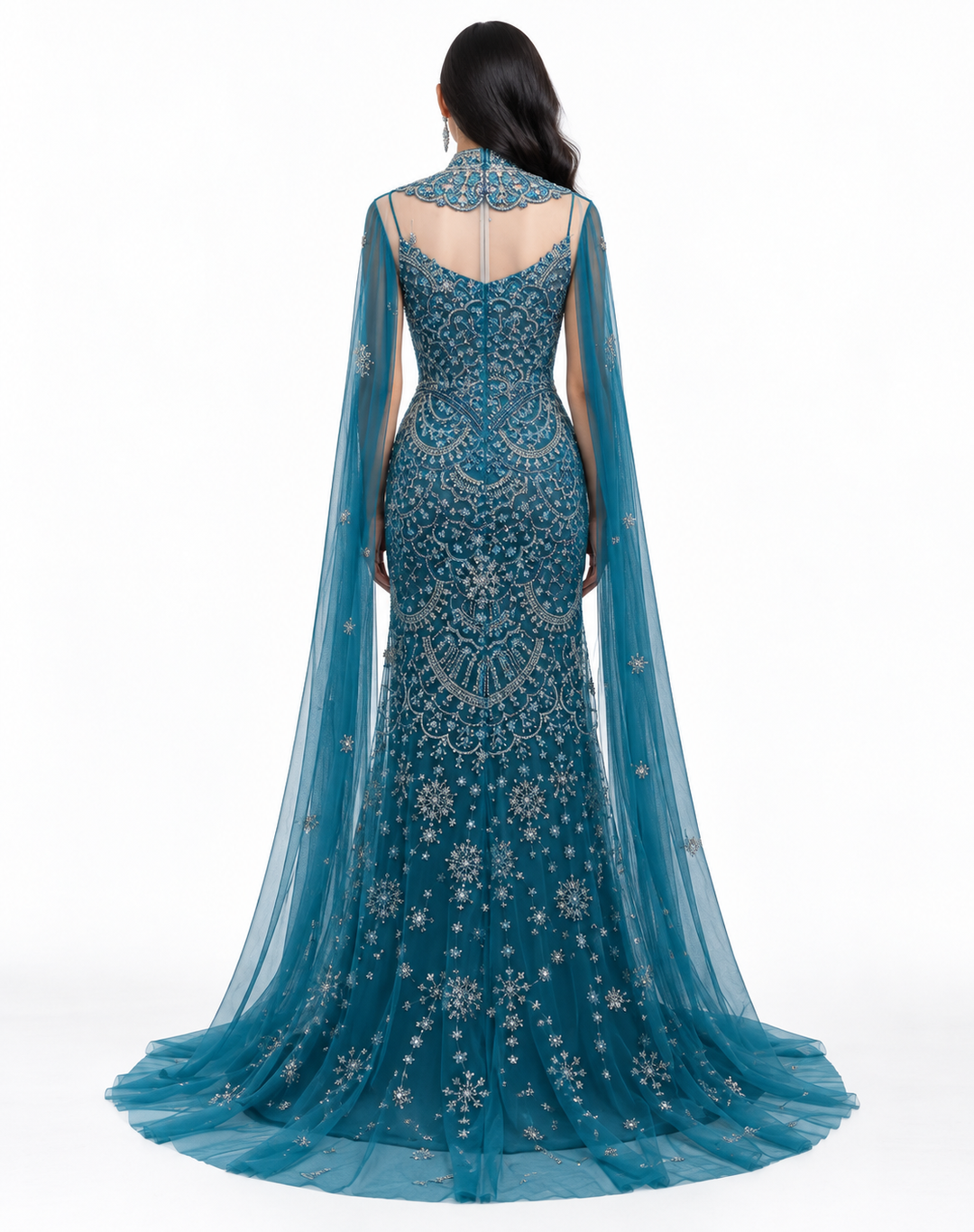 Embellished Cape Mermaid Gown - Teal