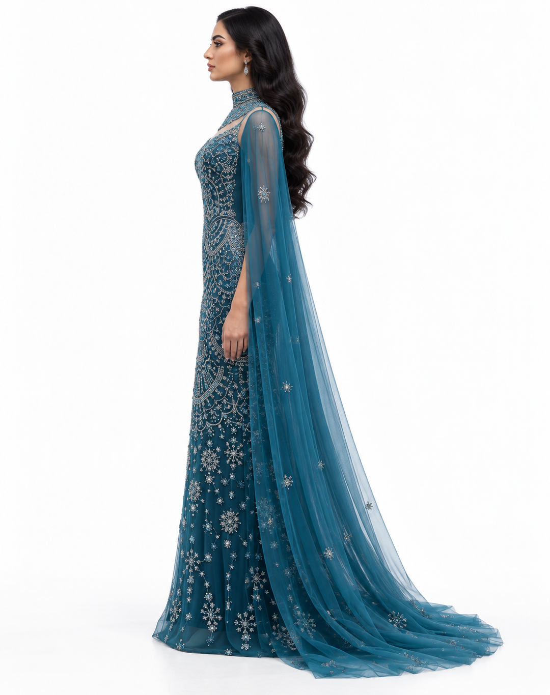 Embellished Cape Mermaid Gown - Teal