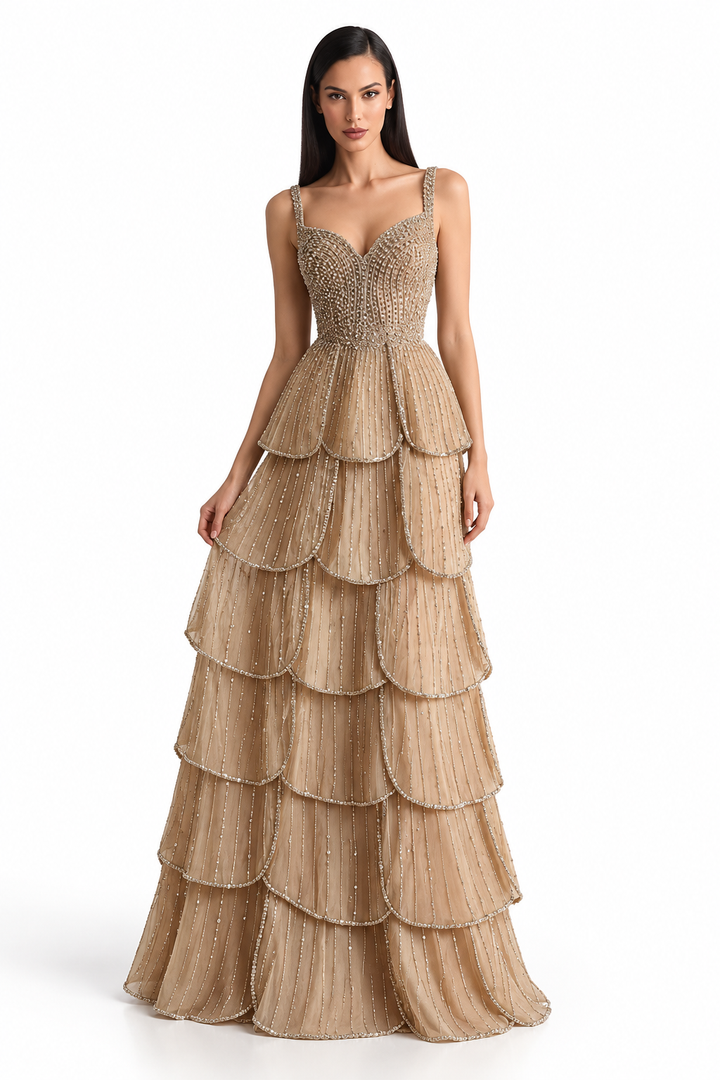 Beaded Tiered Ruffle Gown - Champagne