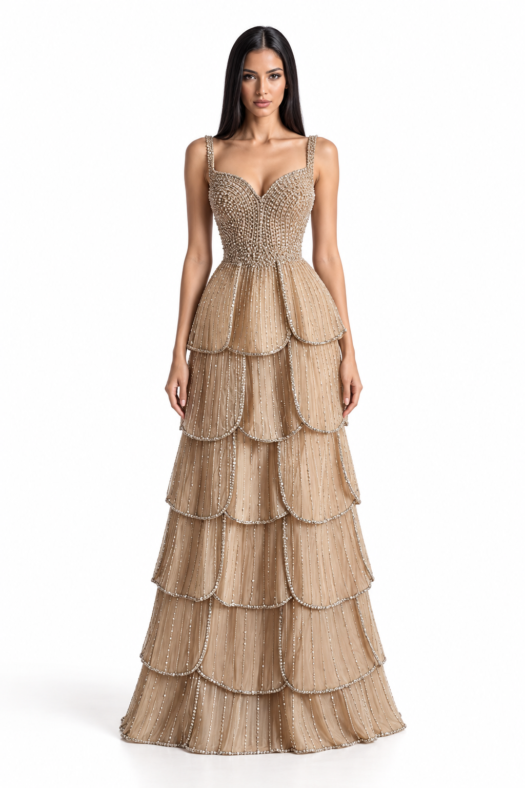Beaded Tiered Ruffle Gown - Champagne