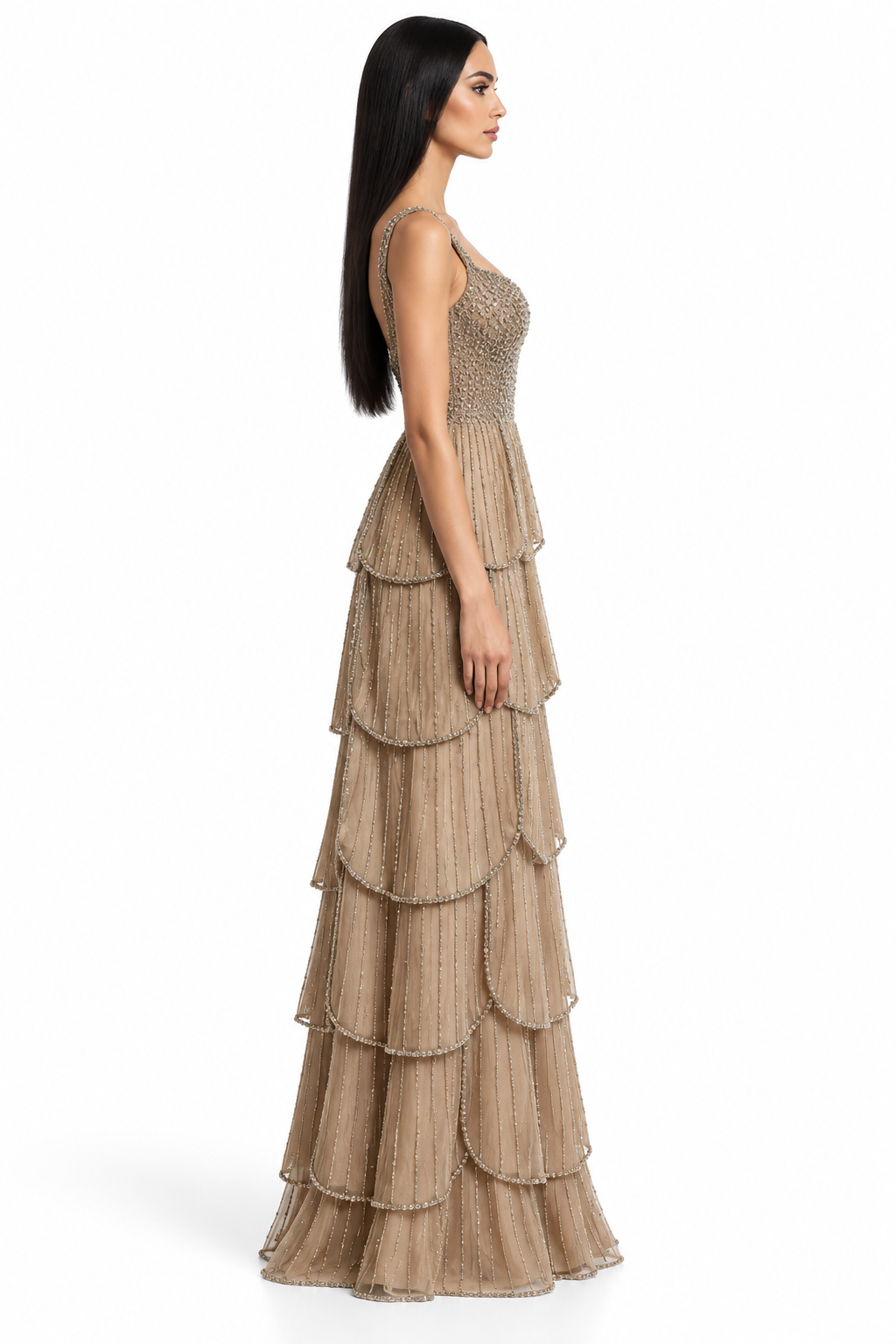 Beaded Tiered Ruffle Gown - Champagne