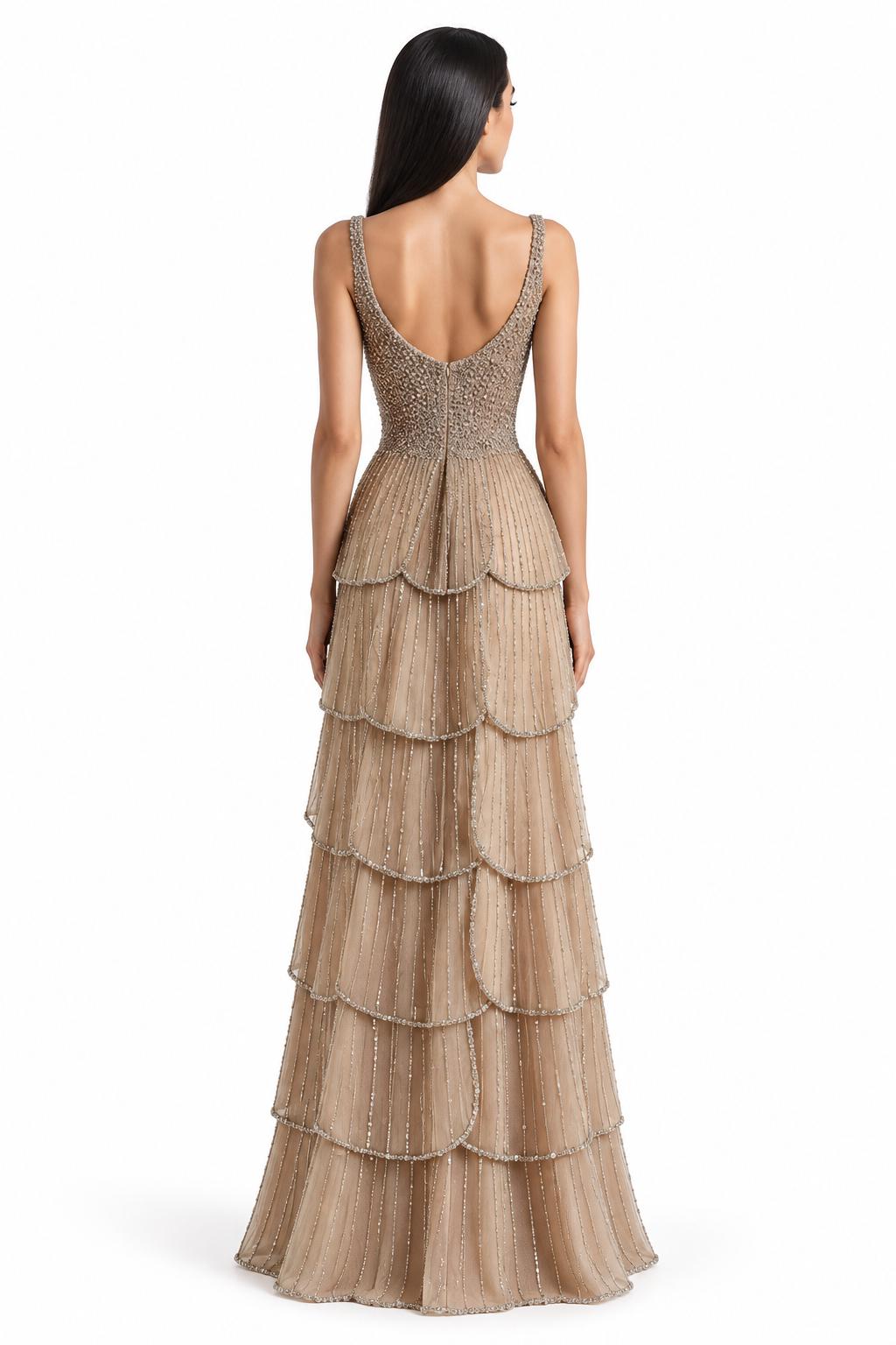 Beaded Tiered Ruffle Gown - Champagne