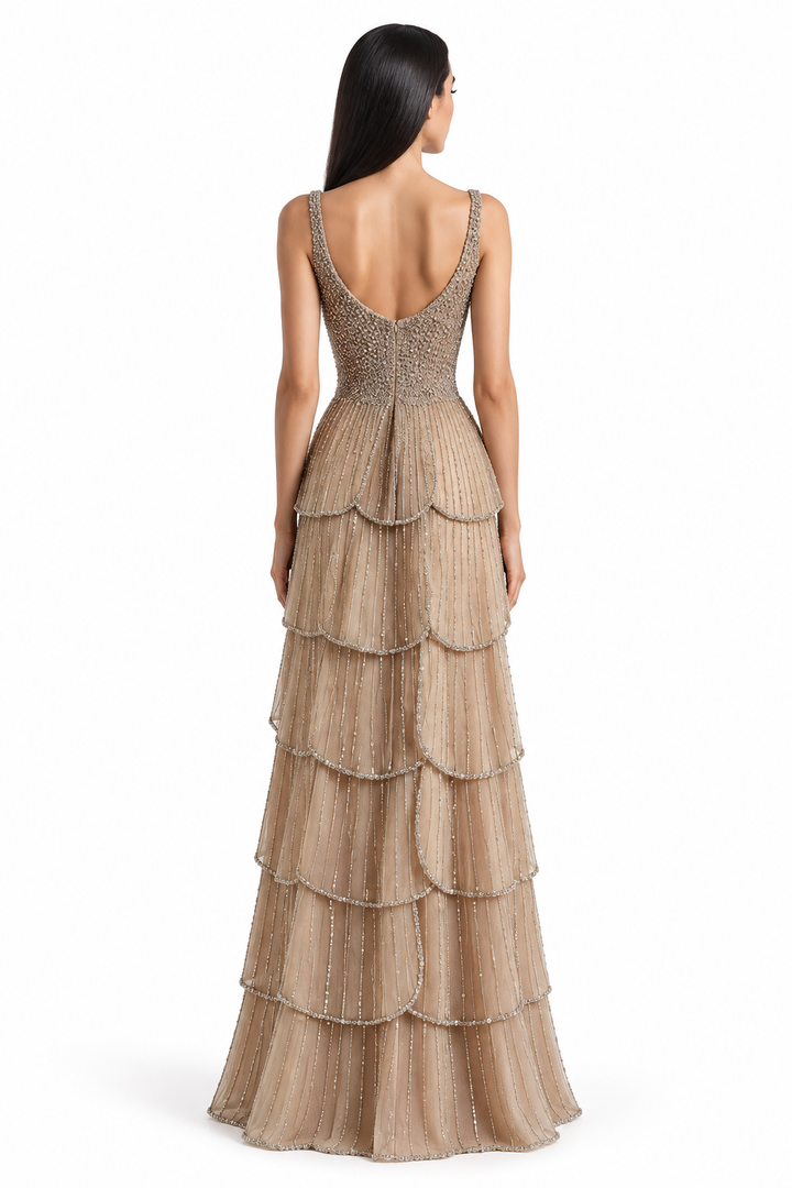 Beaded Tiered Ruffle Gown - Champagne