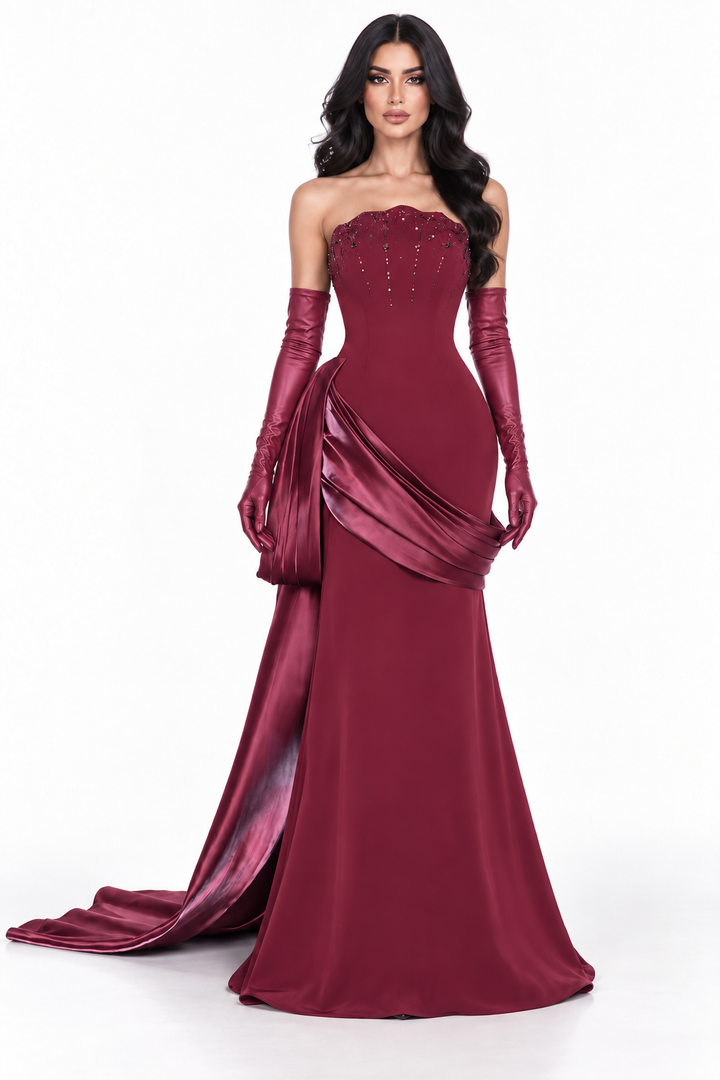 Draped Satin Mermaid Gown - Ruby