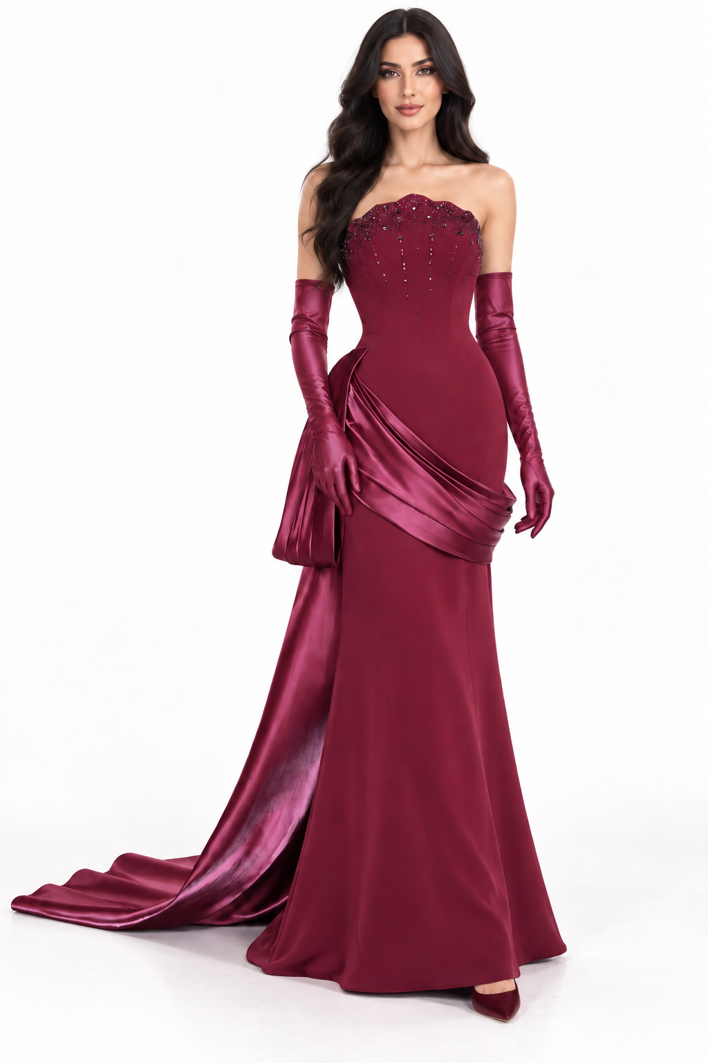 Draped Satin Mermaid Gown - Ruby