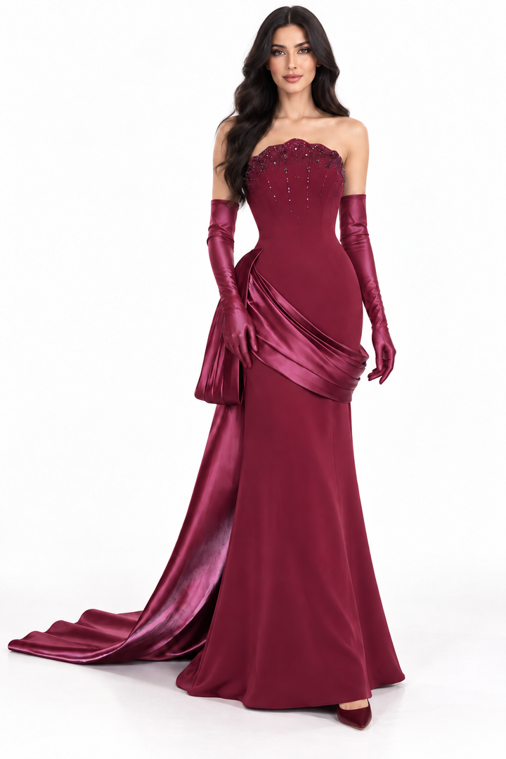 Draped Satin Mermaid Gown - Ruby
