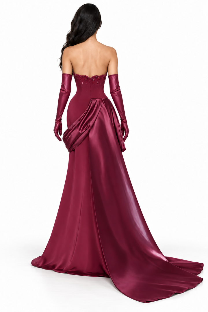 Draped Satin Mermaid Gown - Ruby