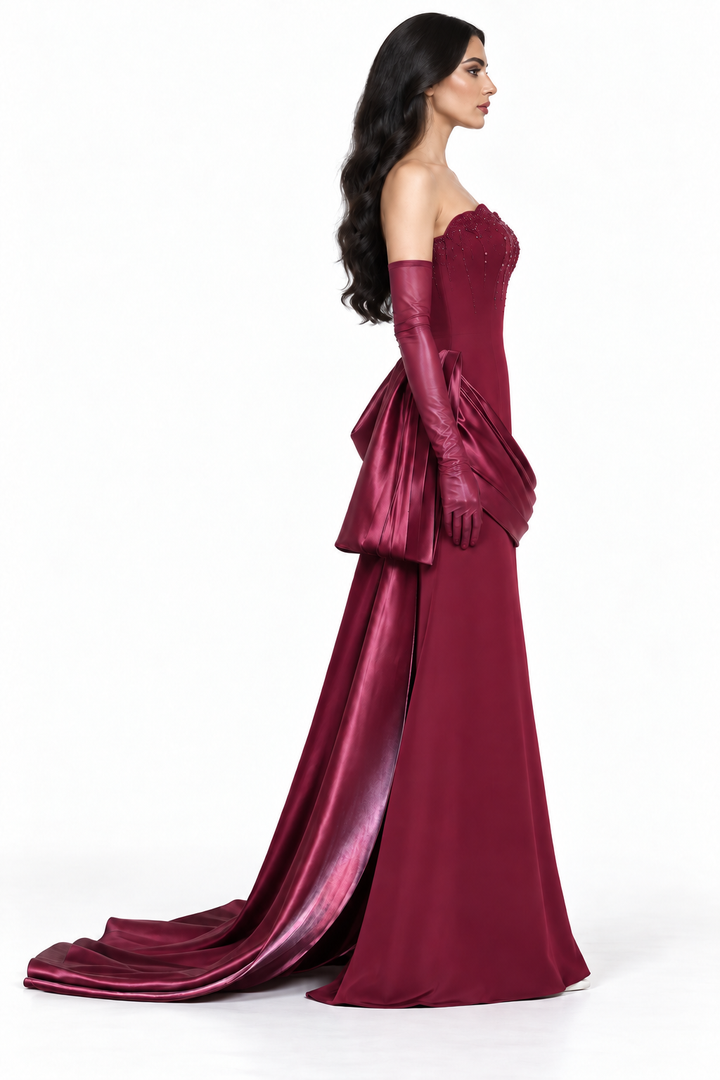 Draped Satin Mermaid Gown - Ruby