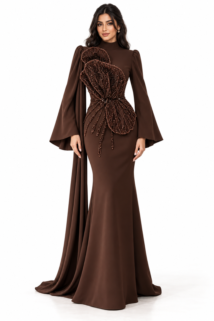Beaded Floral Cape Gown - Mocha