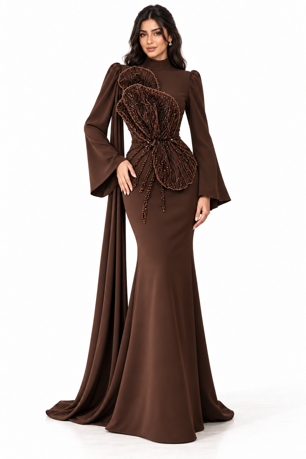 Beaded Floral Cape Gown - Mocha