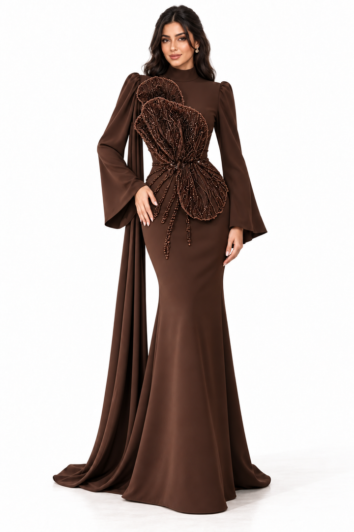 Beaded Floral Cape Gown - Mocha