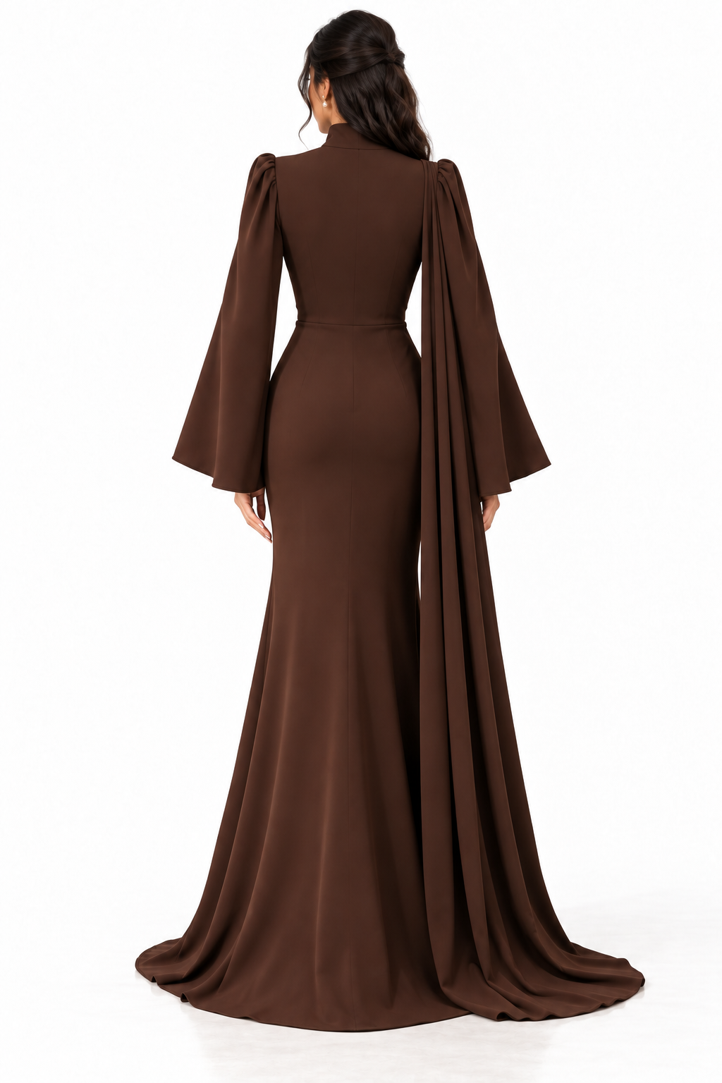 Beaded Floral Cape Gown - Mocha