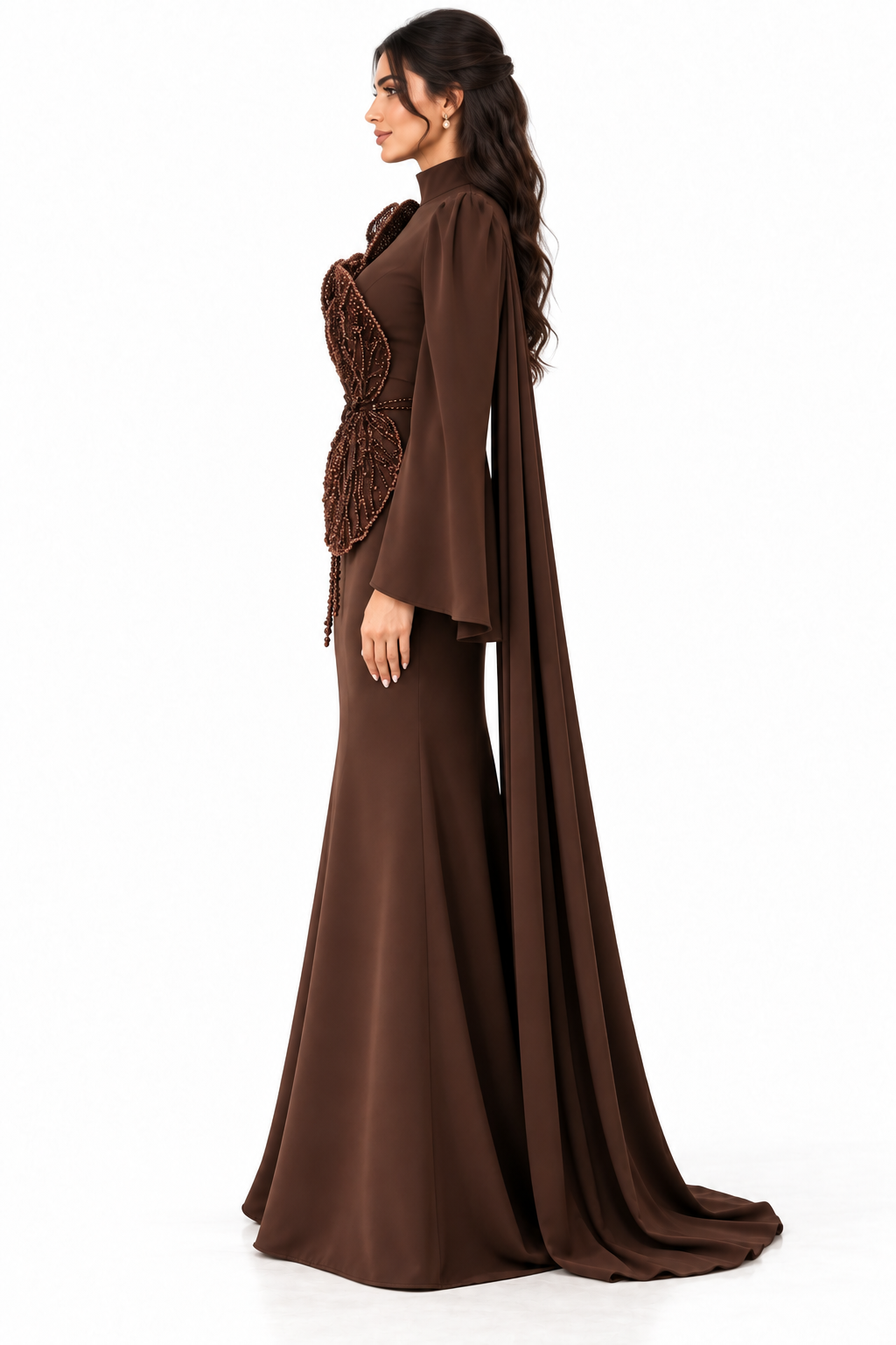 Beaded Floral Cape Gown - Mocha