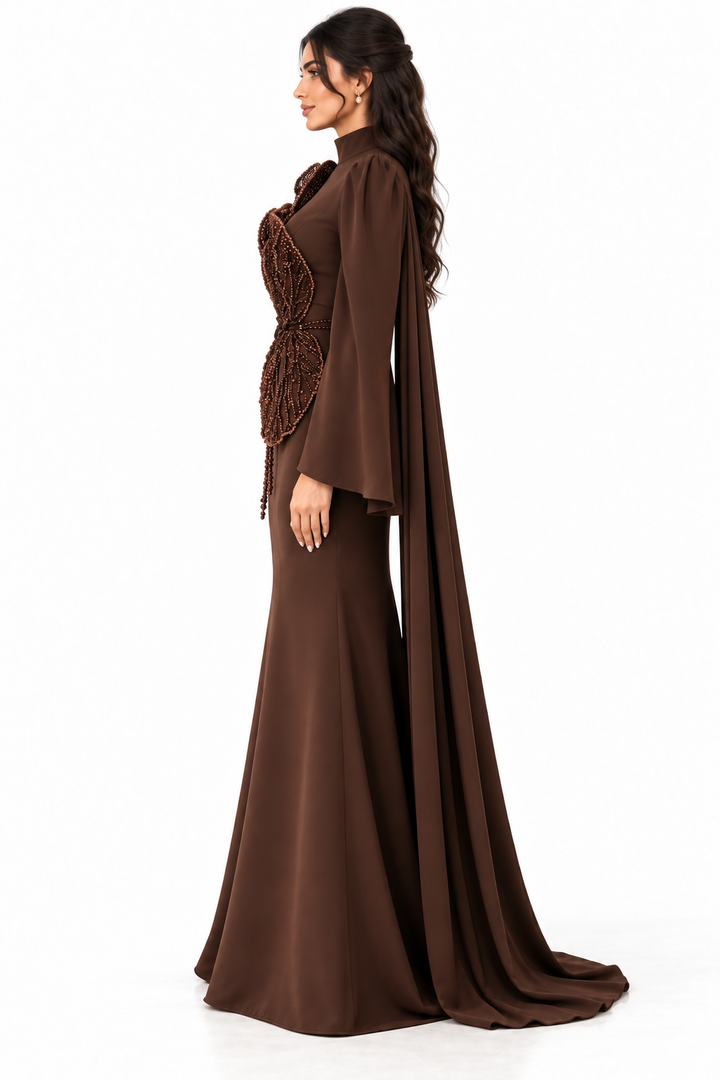 Beaded Floral Cape Gown - Mocha