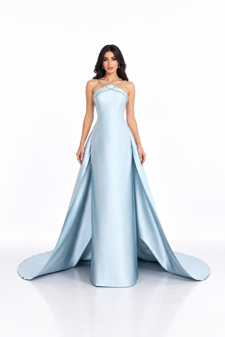Crystal Strap Satin Gown - Celeste