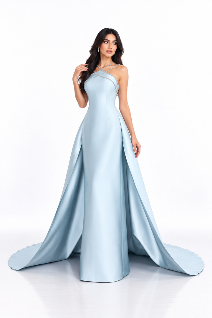 Crystal Strap Satin Gown - Celeste