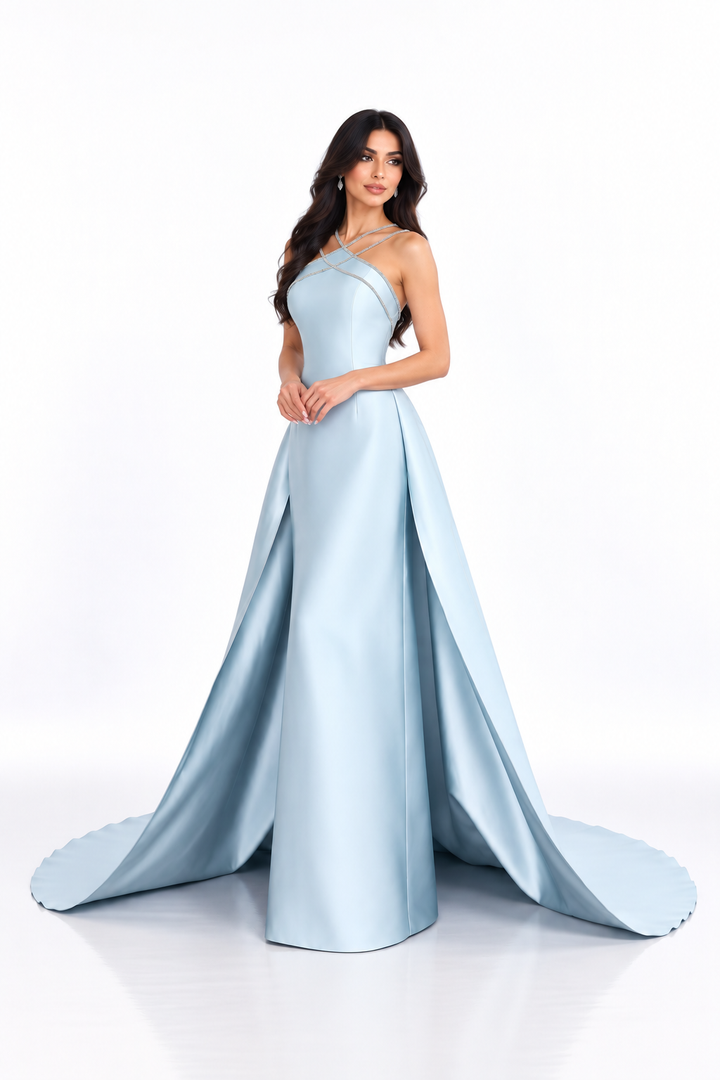 Crystal Strap Satin Gown - Celeste